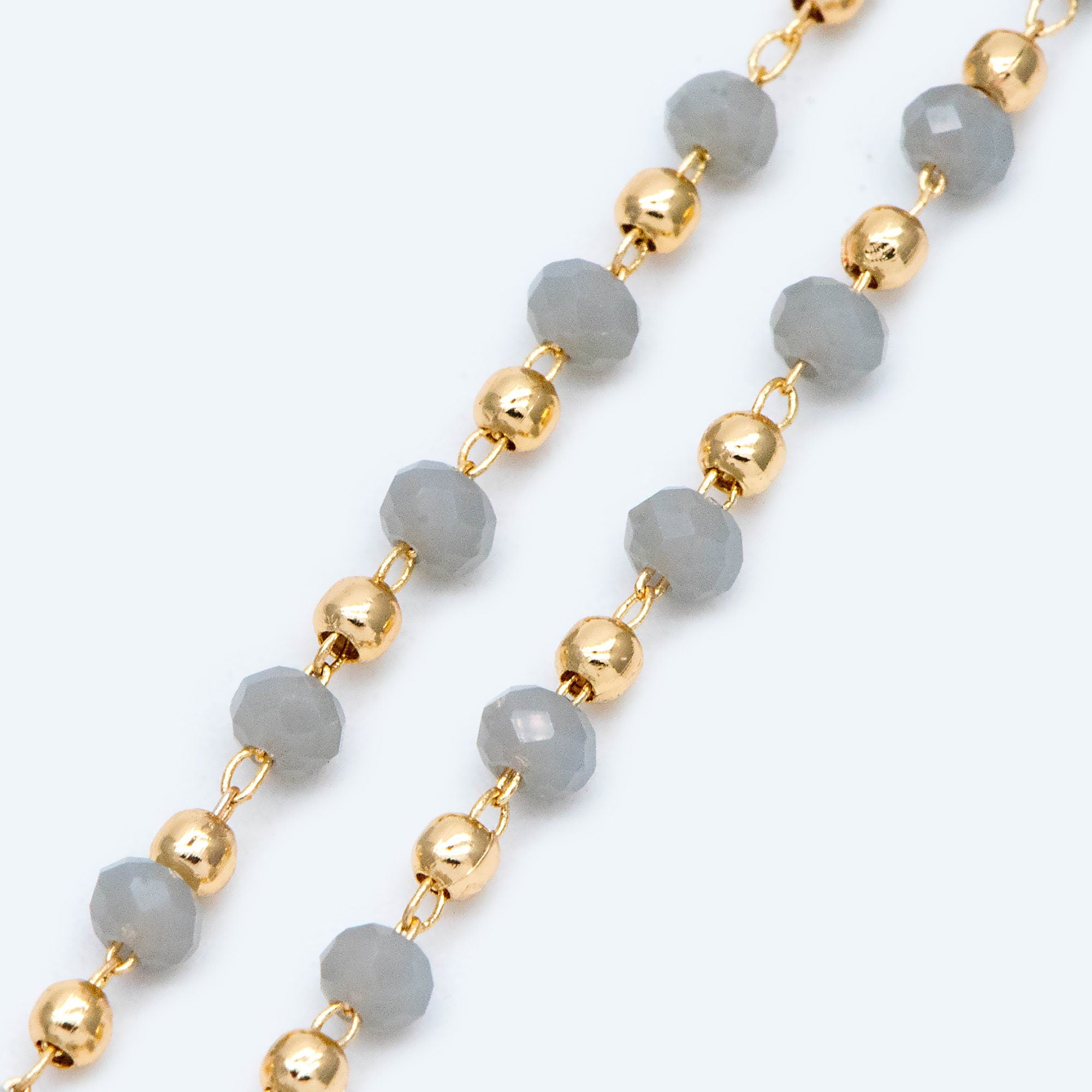 Gold Crystal Beaded Chains, Gold plated Brass Cable Chain, 3mm Glass Rondelles with 2mm Gold Round Beads (#LK-200)/ 1 Meter=3.3 ft